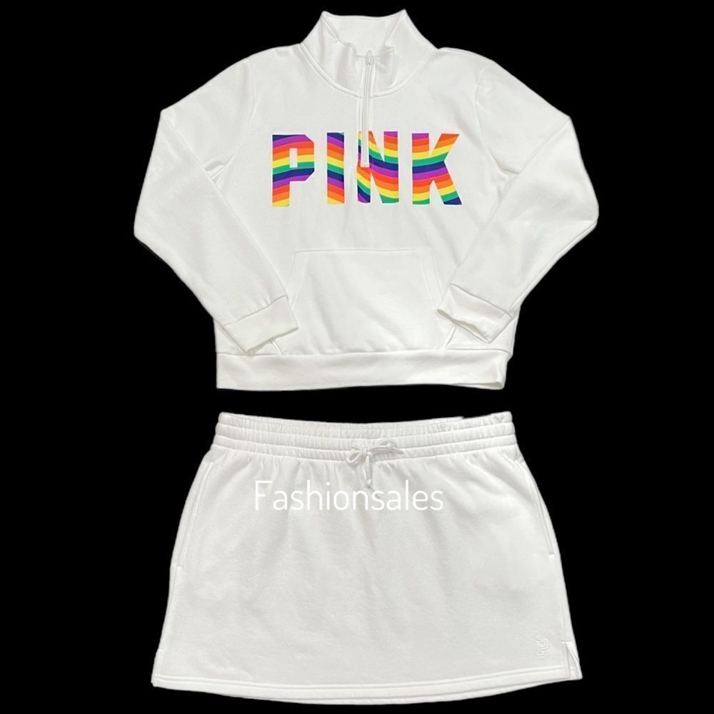 Victorias Secret Set Pink Everyday Lounge Zip Pullover & High Waist Fleece Skirt